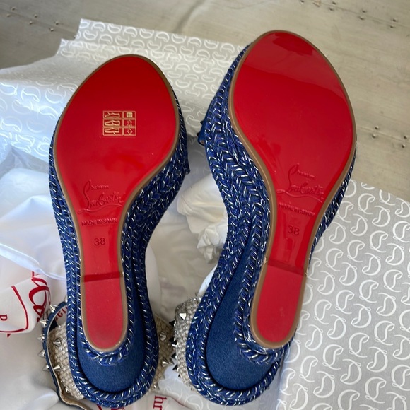 Christian Louboutin madmonica denim beige sandal wedge espadrille 120mm sz 38 - Picture 9 of 13